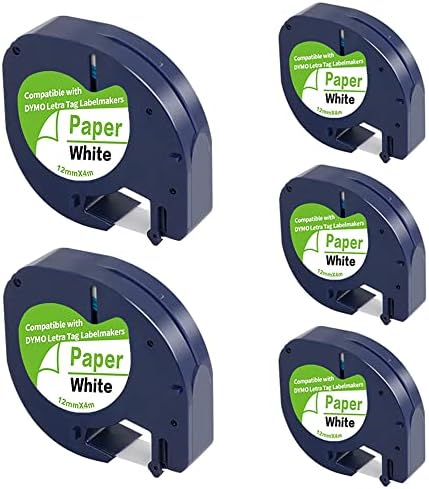5-Pack Compatible with Dymo Letratag Refills 91200 91330 10697 S0721510 Label Maker Tape White Paper 12mm x 4m 1/2" x 13', Work with Dymo Letra Tag LT-100H LT-100T Plus 200B QX50 XR XM 2000