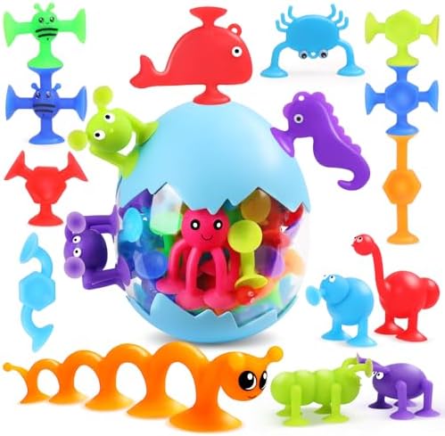 30 PCS Suction Cup Toys, Baby Bath Tub Toy with Eggshell, Silicone Shower Toys for Age 4-8, Suction Cup for 3 4 5 6 7 Year Old Kids Toddlers Boys Girls Gifts Christmas Stuffers