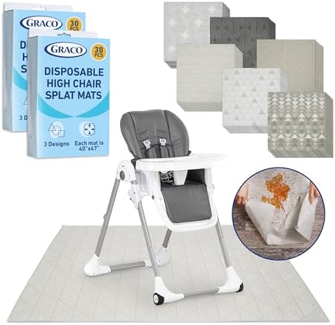 Graco Baby Disposable Splat Mats, 6 Subtle Designs 60 PACK (10 Each) 47" x 40” | Biodegradable & Compostable, Eco-Friendly Floor Protector, Under High Chair for Baby Led Weaning, Home & Restaurant Use