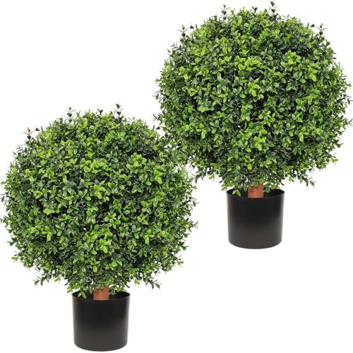 26 Inch Artificial Topiary Boxwood Ball Trees Outdoor – Set of 2 UV Resistant Faux Boxwood Topiary, Fake Potted Shrubs Evergreen for Front Door Porch Patio Balcony Home Decoration