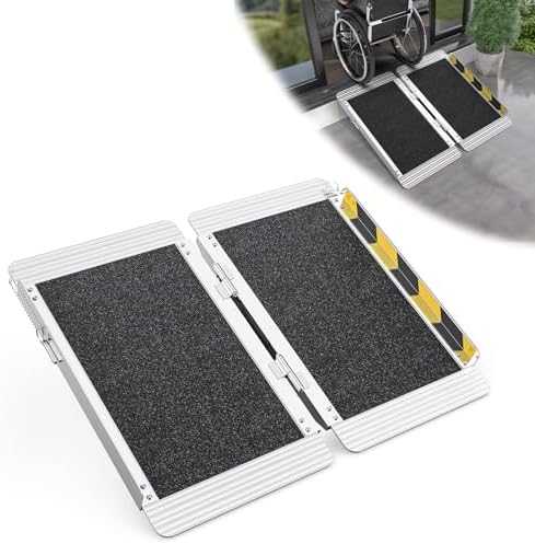 2 Feet Portable Wheelchair Ramp, 600 LBS Capacity Folding Aluminum Threshold Ramp with Anti-Slip Surface, Mobility Access Handicap Ramp for Home Steps, Doorway, Stairs, Doorways, Scooter