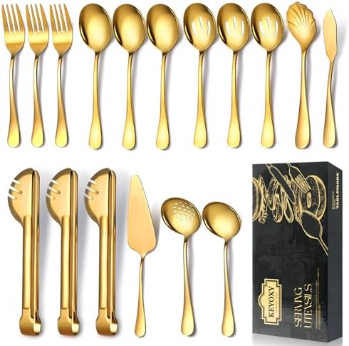 Gold Serving Utensils,17 Pcs Stainless Steel Serving Utensil with Serving Spoon,Slotted Spoons,Forks,Soup Ladle,Serving Tongs,Pie Server,Butter Knife Serving Utensils Set for Parties,Buffet