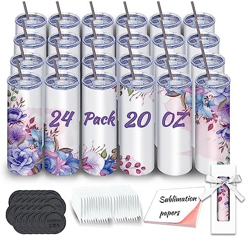 Sublimation Tumblers bulk 20 oz Skinny, 24 Pack Stainless Steel Double Wall Insulated Straight Sublimation Tumbler Cups Blank White with Lid, Individually Box,Polymer Coating for Heat Transfer