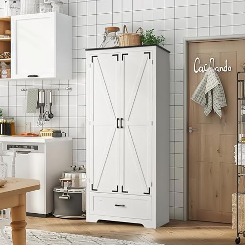 Pamapic Farmhouse Kitchen Pantry Cabinet - 71" Tall Wooden Storage Cabinets with 2 Barn Doors, Versatile Storage Cabinet with Shelves & Drawers for Dining Room, Bathroom,White