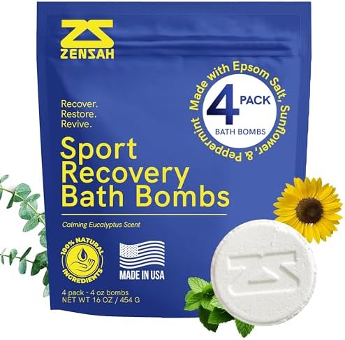 Zensah Sport Recovery Bath Bombs - Magnesium Epsom Salt for Soaking Sore Muscles, Birthday Gifts, Made in USA with Essential Oils, Peppermint and Eucalyptus Relaxation for Athletes, Men and Women