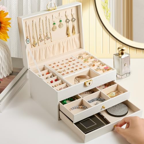 3 Layer Jewelry Box, Lockable Jewelry Holder Organizer with Jewelry Drawer, Large Jewelry Boxes & Organizer with Velvet Earring Storage, Unique Gifts for Women Mom