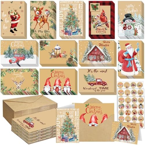 360 Sets Christmas Cards with Envelopes and Stickers Vintage Postcards Bulk Merry Christmas Greetings New Year Party Favors 12 Designs, 6 x 4 Inch(Natural)
