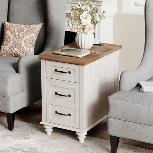 WAMPAT End Table with Charging Station, White Side Table with Storage Cabinet and Drawer, Wood Nightstand with Power Outlets & USB Ports for Bedroom, Living Room