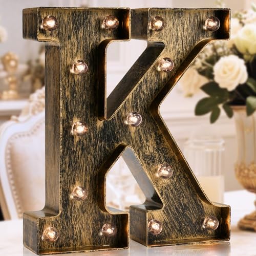 OYCBUZO Golden Black Led Marquee Letter - Industrial, Vintage Style Light Up Alphabet Letter Sign for Cafe Wedding Birthday Party Christmas Lamp Home Bar Initials Decor - K