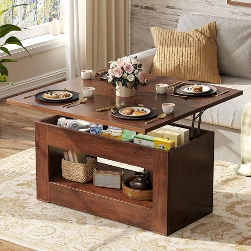 40" Lift Top Coffee Table, 4 in 1 Multi-Function Lift Coffee Table with Storage and Hidden Compartment, Convertible Coffee Tables to Dining Table for Living Room, Walnut