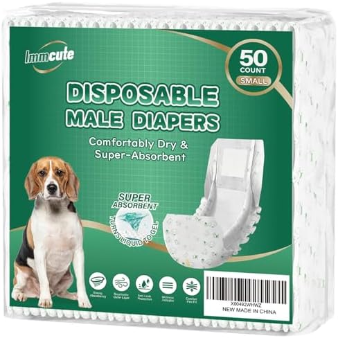 IMMCUTE Dog Diapers Male Small 50 Ct, Male Dog Diapers Disposable with Wetness Indicator, Adjustable Puppy Diapers Male, Flashdry Gel Technology, Male Dog Wraps for Incontinence & Marking