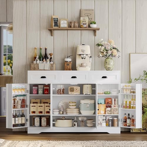 IRONCK Buffet Cabinet with Storage, Sideboards with 4 Doors, Kitchen Storage Cabinet with 6 Adjustable Shelves, Modern Coffee Bar with 3 Drawers, White