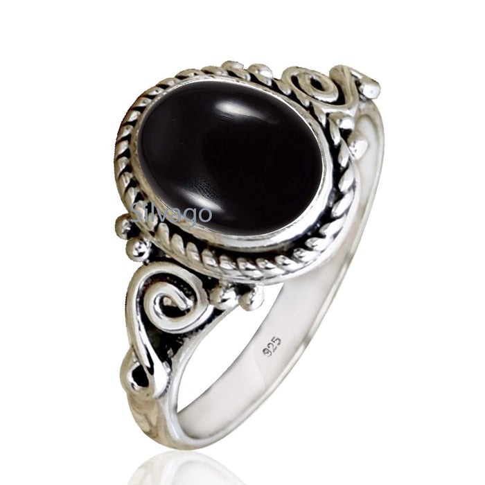 925 Sterling Silver Ring for Womens Black Onyx Ring, Engagement Ring Bezel Set Gemstone Ring, Christmas Gift (Black Onyx, 7)