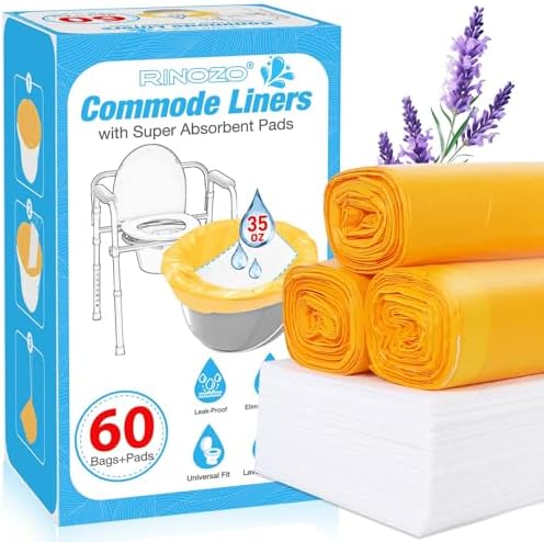Commode Liners with Absorbent Pads 60 Pack Leak-Proof Bedside Commode Bags for Adults Lavender Scent Disposable Universal Fit for Standard Toilet Chairs, Portable Toilets & Camping