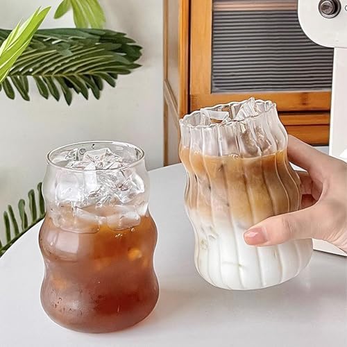 2 Pcs Ribbed Glass Cups 18 Oz Vintage Drinkware Wavy Ribbed Design Ideal for Iced Coffee Beverages Juice Milk Tea Cocktails and More