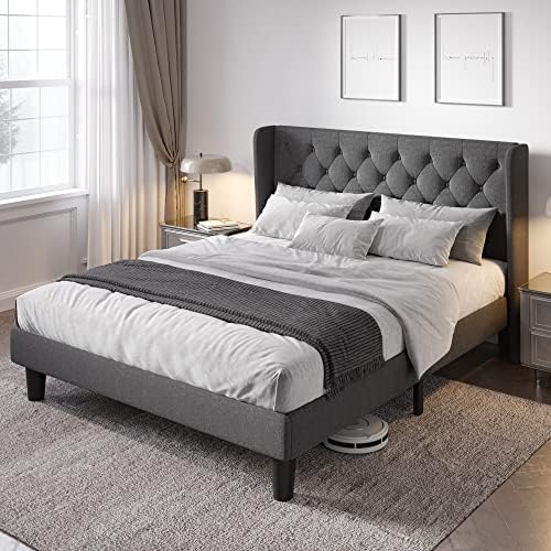 Allewie Queen Size Bed Frame with Button Tufted Wingback Headboard, Upholstered Platform Bed with Wooden Slats Support - No Box Spring Needed, Noise-Free, Easy Assembly, Dark Grey