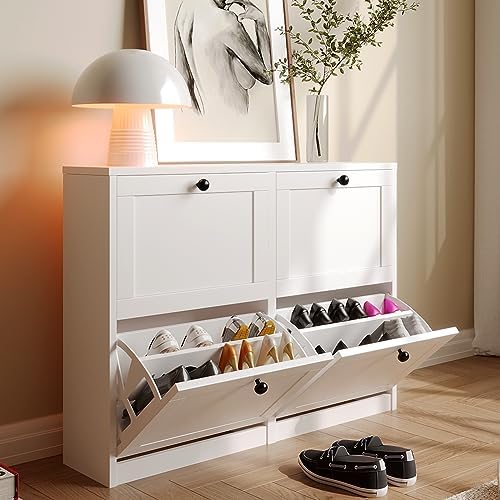 VOWNER Shoe Cabinet with 4 Flip Drawers, Freestanding Shoe Storage Cabinet with Adjustable Shelf & Anti-Tipping Device, Shoe Rack for Entryway, Hallway, Living Room (White)