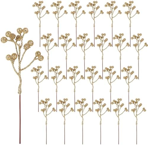 CCINEE 24 Pack Christmas Artificial Gold Berry Stems,6.9 Inch Xmas Gold Glitter Berry Picks Holly Branches for Christmas Tree Ornaments Xmas Wreath DIY Crafts Home Holiday Decor