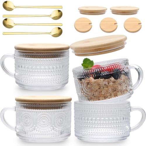 4pcs Overnight Oats Containers with Lids,Vintage Coffee Mugs gifts for women,Glass Cups with Spoons and Bamboo Lids,Great for Coffee, Overnight Oats,Juice. Excellent Choice for Gift Giving,Party