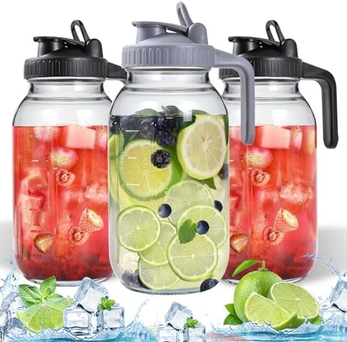 3 Packs 64OZ Glass Pitcher with Lid, Wide Mouth Mason Jar Water Jug, Leak-Proof Airtight Mason Jar for Cold Brew Coffee, Iced tea, Milk, Food Storage, Sun Tea