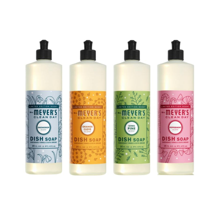 MRS. MEYER'S CLEAN DAY Liquid Dish Soap 4 Pack Variety, Iowa Pine, Orange Clove, Peppermint, Snow Drop, 16 OZ Each, 1 CT