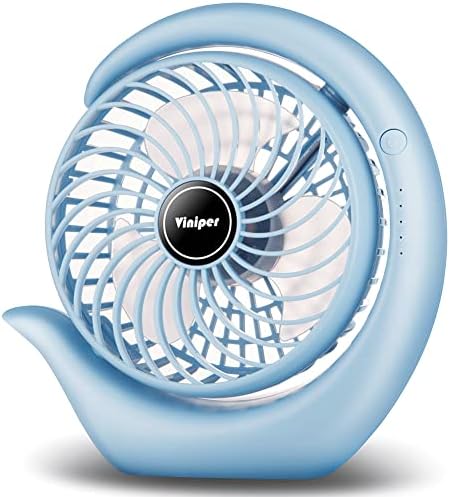 Viniper Rechargeable Portable Fan, Battery Desk Fan : 180° Rotation and 3 Speeds Small Office Fan, About 8-24 Hours Working for Home (Sky blue, White Blade)