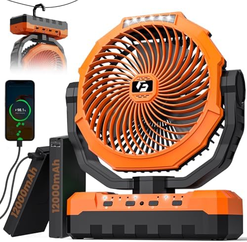 24000mAh Camping Fan - 9-Inch Detachable Rechargeable Battery Operated Fan with Light & Hook for Tent, Outdoor - USB Table Fan with 4 Speeds for Picnic, BBQ, Fishing, Travel, Hurricane