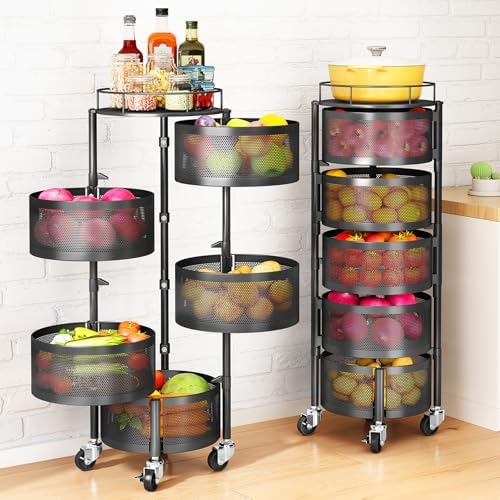 SNTD Fruit and Vegetable Basket Bowls for Kitchen with Metal Top Lid, 5 Tier Rotating Storage Rack Cart for Potato Onion Bread Banana, Wire Basket Organizer on Wheels, Large, Black
