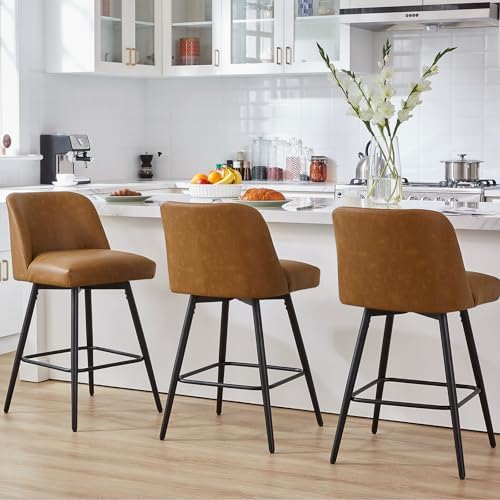 360°Swivel Counter Height Bar Stools Set of 3,Upholstered Morden Kitchen Barstools with High Backs,26" H Seat Height,Faux Leather (Faux Leather-Saddle Brown , 3 Pieces - 26" Counter Height)