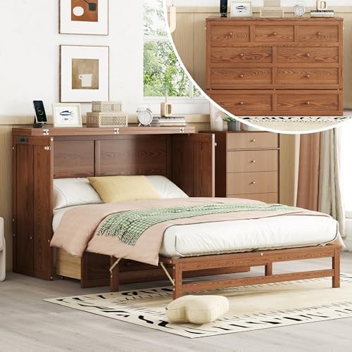 Full Murphy Bed Cabinet with Charging Station and Large Storage Drawer, Solid Pine Wood Wall Chest Bed for Home Office Small Room Studio or Guest Bedroom, Walnut