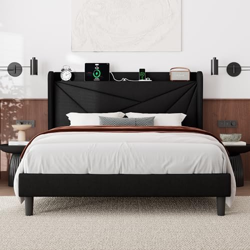 Feonase Full Size Bed Frame with Charging Station, Linen Upholstered Platform Bed Frame with Wingback Storage Headboard, Solid Wood Slats Support, No Box Spring Needed, Noise Free, Black
