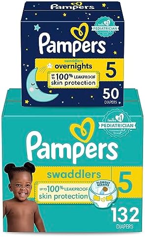 Pampers Disposable Diapers Size 5, Swaddlers 132 Count + Overnight (50 Count)