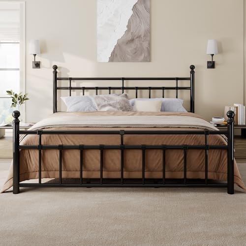 King Size Metal Bed Frame, Platform Bed with Classic Wrought Iron-Art Headboard and Footboard, 12" Underbed Space, No Box Spring Needed, Easy Assembly, Noise-Free, Black