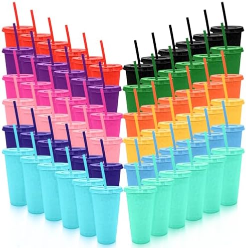 72 Pack Glitter Plastic Cups with Lid and Straw, 24 oz Bulk Reusable Cup for Coffee Cup for Adult Birthday Party (Mix Color)