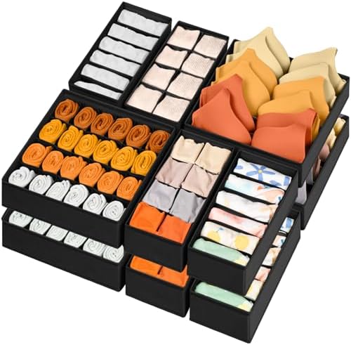 12 Pack Drawer Organizers, 116 Compartments Fabric Foldable Dresser Drawer Organizers for Clothing, Closet Organizers and Storage Bins for Clothes, Christmas Ornament Storage Boxes with Dividers