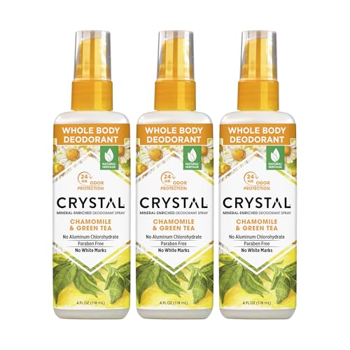 Crystal Deodorant Essence Spray 4 Ounce Chamomile/Green Tea, All Over Body Deodorant, (118ml) (3 Pack)