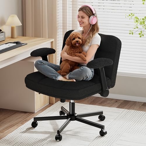 Criss Cross Chair with Wheels and Flip-up Arms, Adjustable Height, Teddy Plush Fabric,Black, for Bedroom, Home Office, Apartment