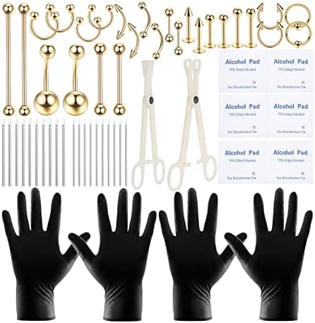 58PCS Body Piercing Kit Surgical Steel 14G 16G BCR CBR Labret Lip Rings Cartilage Daith Earrings Belly Button Rings Nose Septum Piercing Jewelry Needles Gloves Clamps Tools