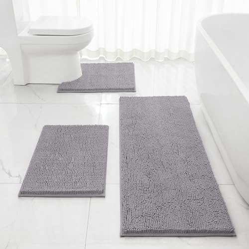HOMEIDEAS 3 Pieces Bathroom Rugs, Extra Large Ultra Soft Non Slip Absorbent Chenille Toilet Bath Mat Set (Grey)
