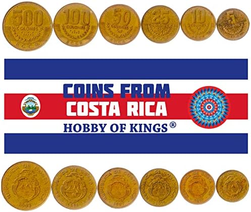 6 Coins from Costa Rica | Costa Rican Tico Coin Set Collection 5 10 25 50 100 500 Colones | Circulated 1997-2005 | Ship | Star | Volcano | Coffee Branch