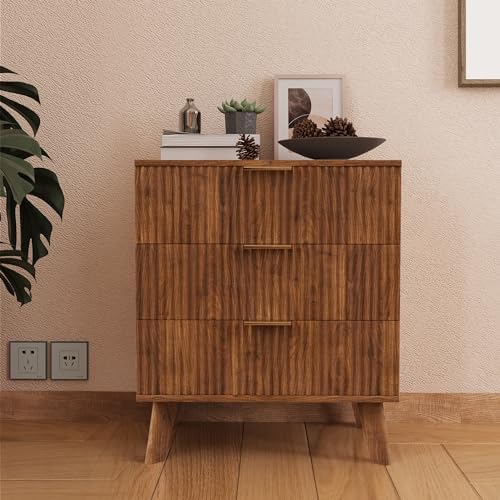 Fluted 3 Drawer Dressers, Modern Closet Dressers Chest of Drawers, Wood Storage Dresser Chest of Drawers Organizer for Bedroom Living Room Hallway Closet(Walnut)