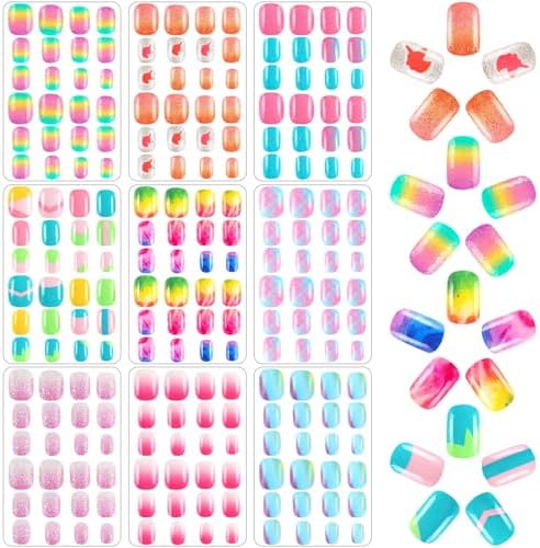 216Pcs 9 Pack Kids Press on Nails Grils Full Cover Short False Stick on Nail Tips for Kids Nail Art Decoration Christmas Birthday Valentine's Party Favors Gift(Gradient Style)