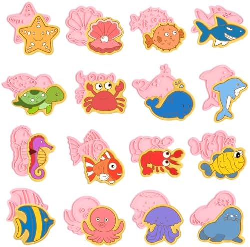 16 PCS Under The Sea Cookie Cutter Set, Ocean Cookie Cutters with Plunger Stamper Set, See Cookie Cutters, Sea Creature Cookie Cutter Set, 3D Marine Animals Shape Cookie Cutters for Baking Birthday