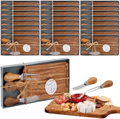 24 Set Bridal Baby Shower Cheese Prizes Wooden Square Board Gift Set Knives Forks Thank You Tags with Box for Guests for Valentines Bridal Baby Shower Housewarming Gifts (Acacia Color)