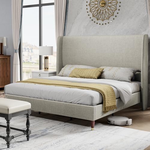 PaPaJet Queen Platform Bed Frame 51.2" High Headboard Tall Upholstered Bed/No Box Spring Required/Wood Slat Support/Easy Assembly/Light Khaki