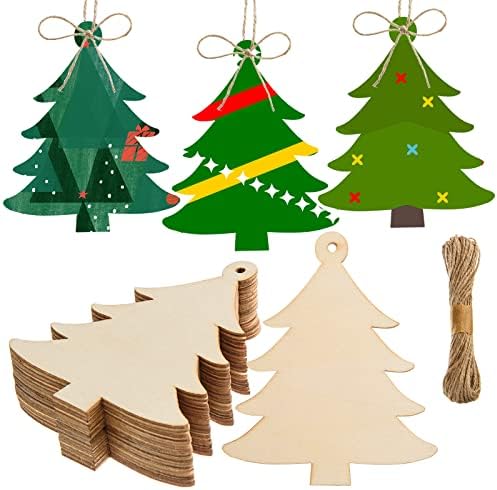 36 Pieces Wooden Christmas Tree Cutouts 6 Inch Unfinished Christmas Tree Wooden Hanging Ornaments Blank Wood Cutouts Slice with Twine for DIY Crafts Tags Winter Xmas Hanging Decoration
