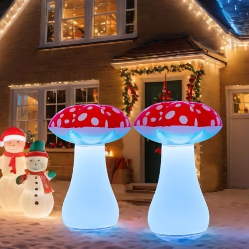 2 Pcs 2 Pcs 32 Inch LED Light up Mushroom Inflatables Christmas Decorations Lighted Blow up Mushroom Yard Decor, Fairy Garden Forest Party Outdoor Lawn Display for Christmas (Red)