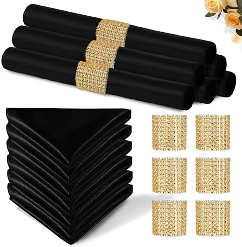 100 Pack Black Satin Napkins and Napkin Rings Set, 12 x 12 Inch Silky Soft Cloth Napkins Set of 50, Square Satin Dinner Table Napkins Bulk for Wedding Banquet Graduation Party Decoration