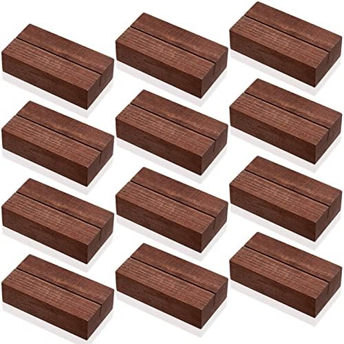 12 Pieces Wood Place Card Holders Wood Sign Table Number Stands Name Card Holder for Wedding Party Events Decoration(3 x 1.6 x 0.8 Inch,Walnut Color)