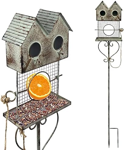 BAYN 47.5” Bird House Feeder Stake Outdoor, Metal Fruit Wild Bird Feeders Double-Hole Birdhouse Stake with Orange Holder Outside Decorations for Patio, Backyard, Yard